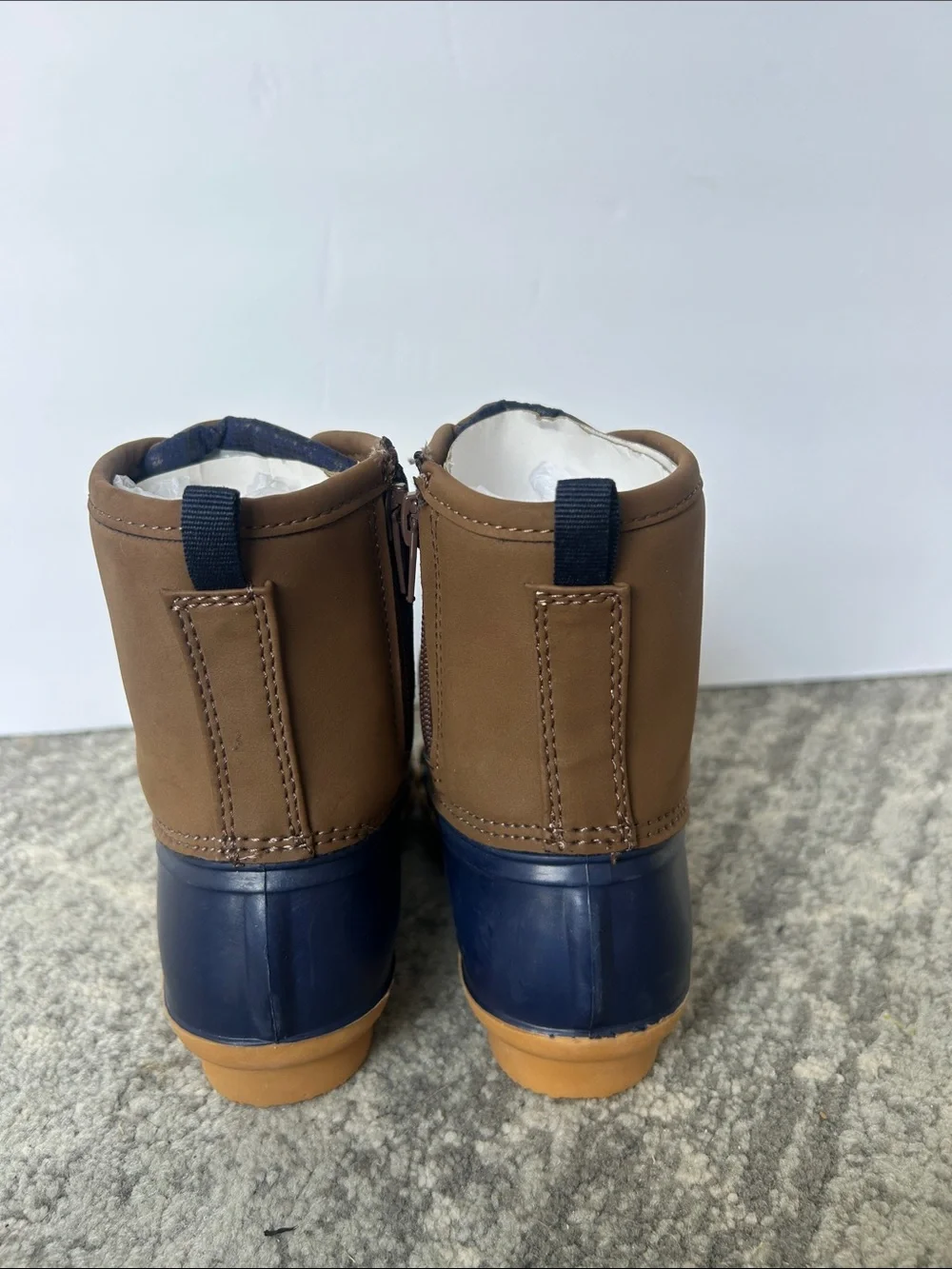 New, 13 Little Boys Crown & Ivy Duck Boot, Brown and Navy, Waterproof